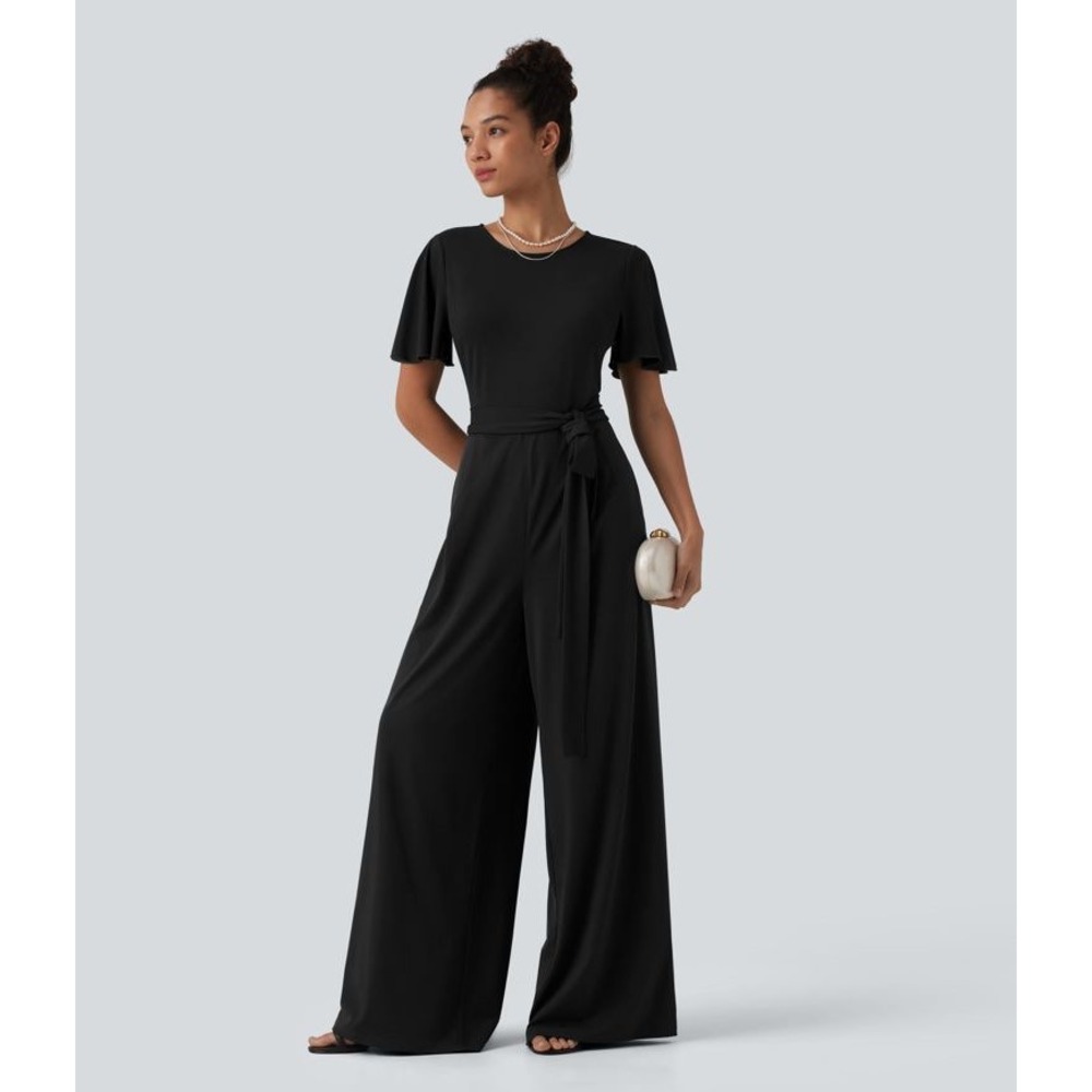 Halara Black Round Neck Short Sleeve Tie Front Wide Leg Jumpsuit Pocket NWT Sz L